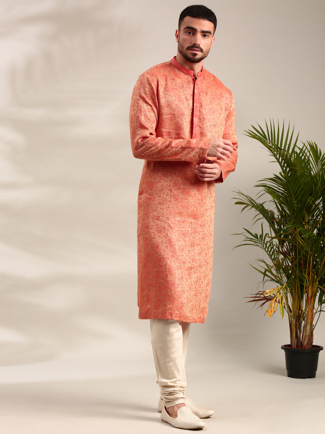 Orange Silk Jaquard Kurta Set