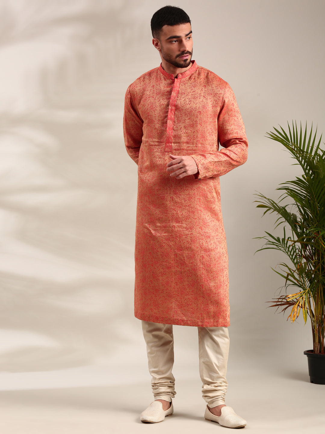 Orange Silk Jaquard Kurta Set