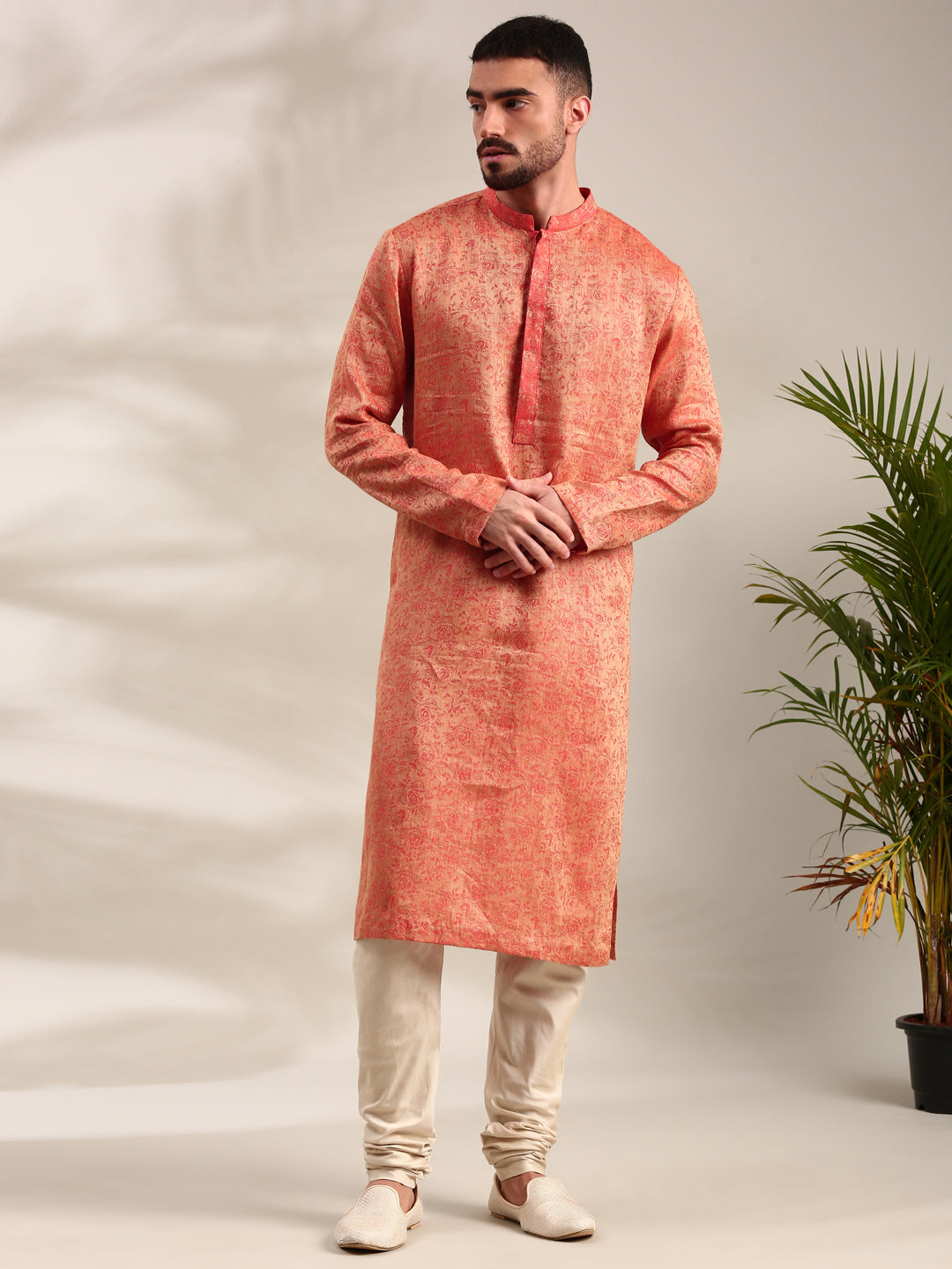 Orange Silk Jaquard Kurta Set