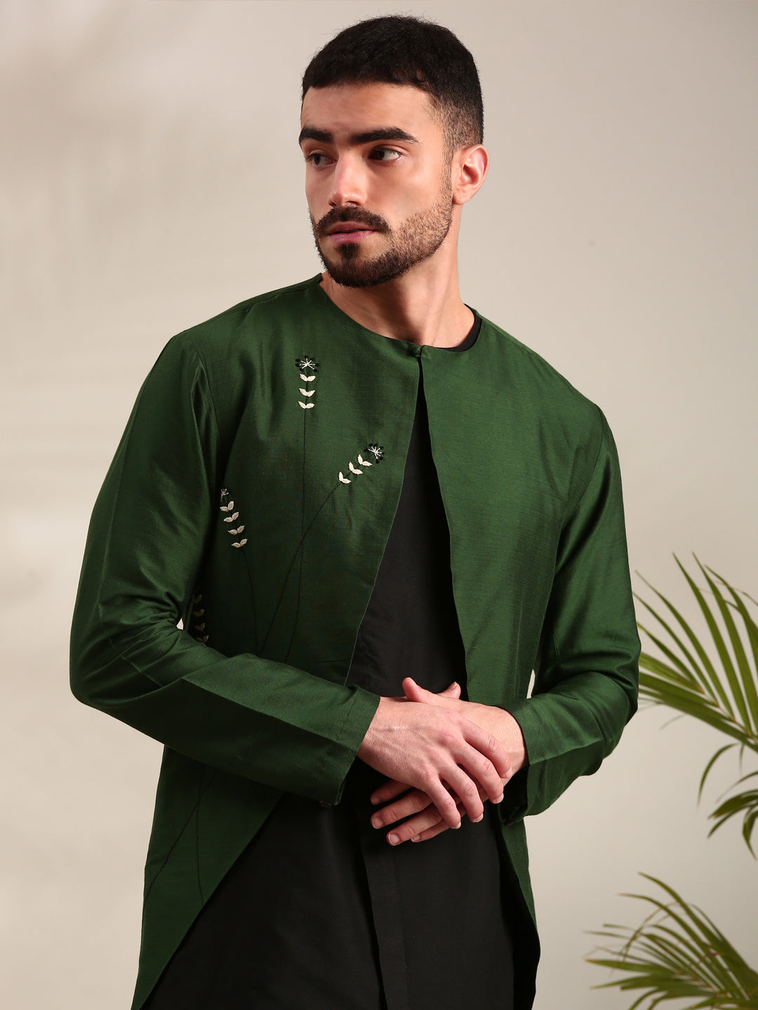 Green & Black Cotton Silk Kurta Set
