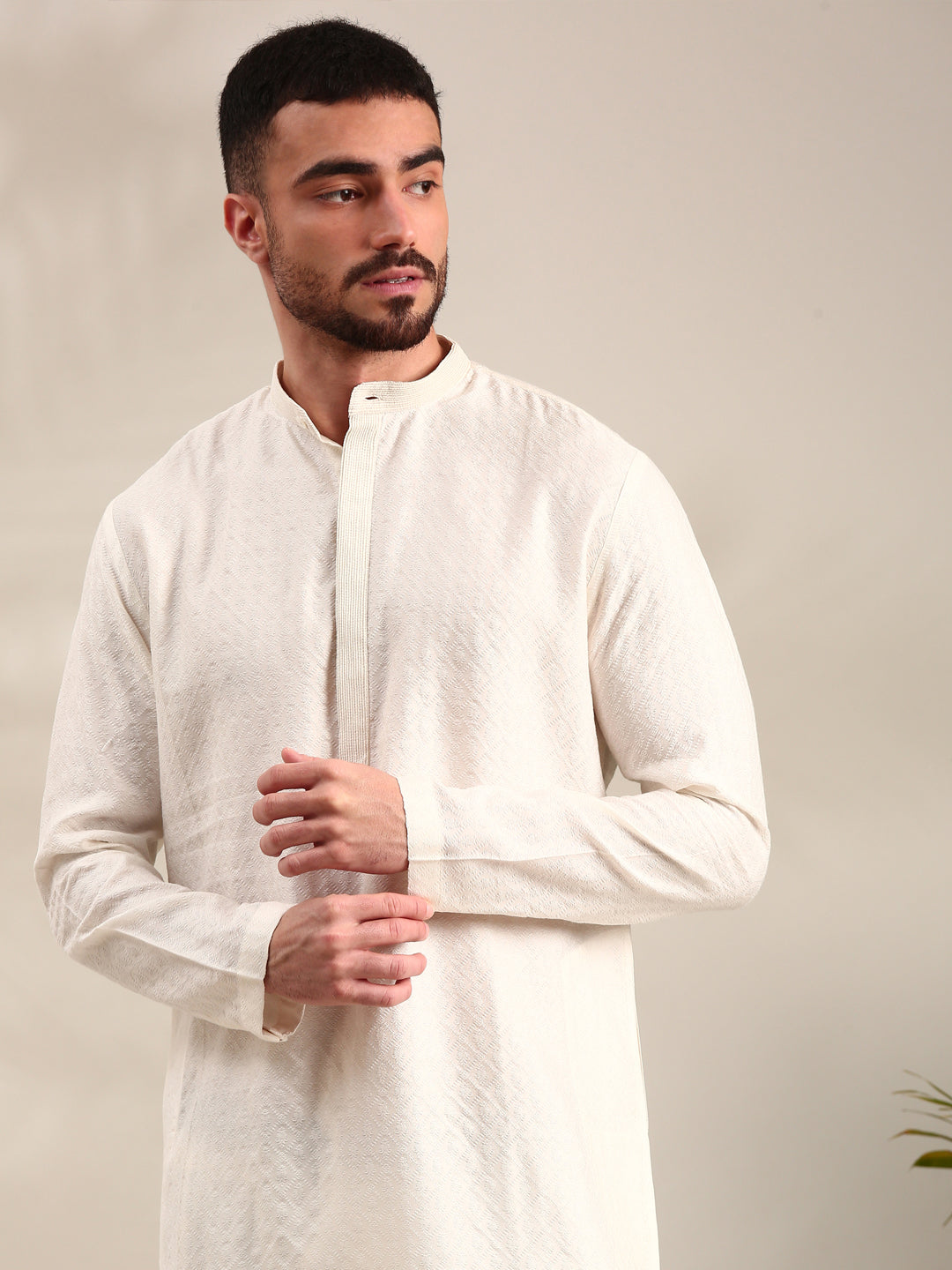 Ivory Silk Cotton Jaquard Kurta Set