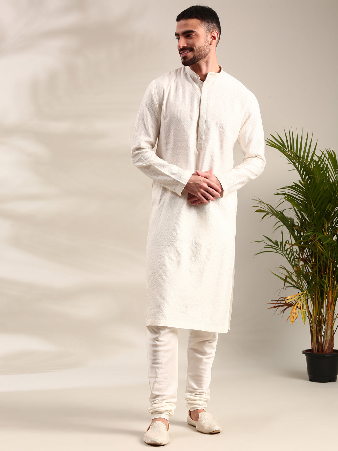 Ivory Silk Cotton Jaquard Kurta Set