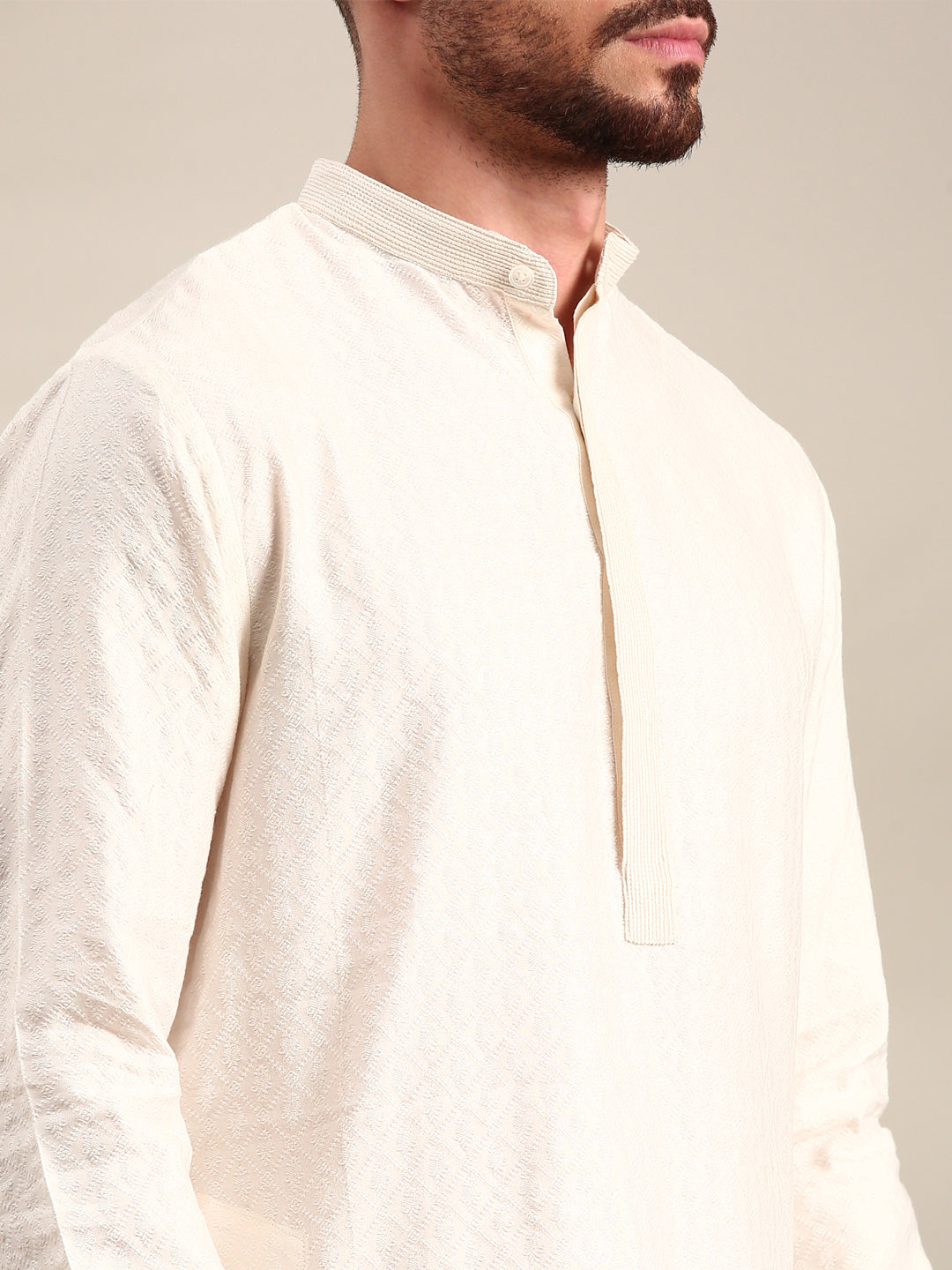 Ivory Silk Cotton Jaquard Kurta Set