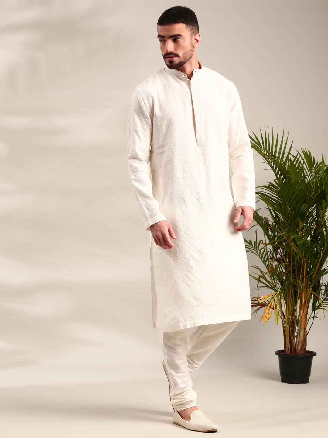 Ivory Silk Cotton Jaquard Kurta Set