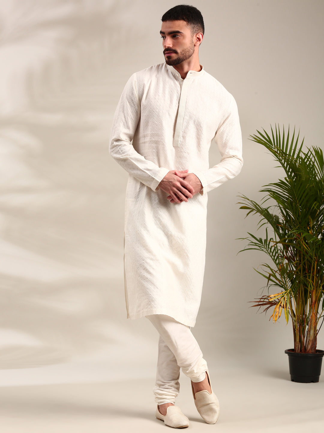 Ivory Silk Cotton Jaquard Kurta Set