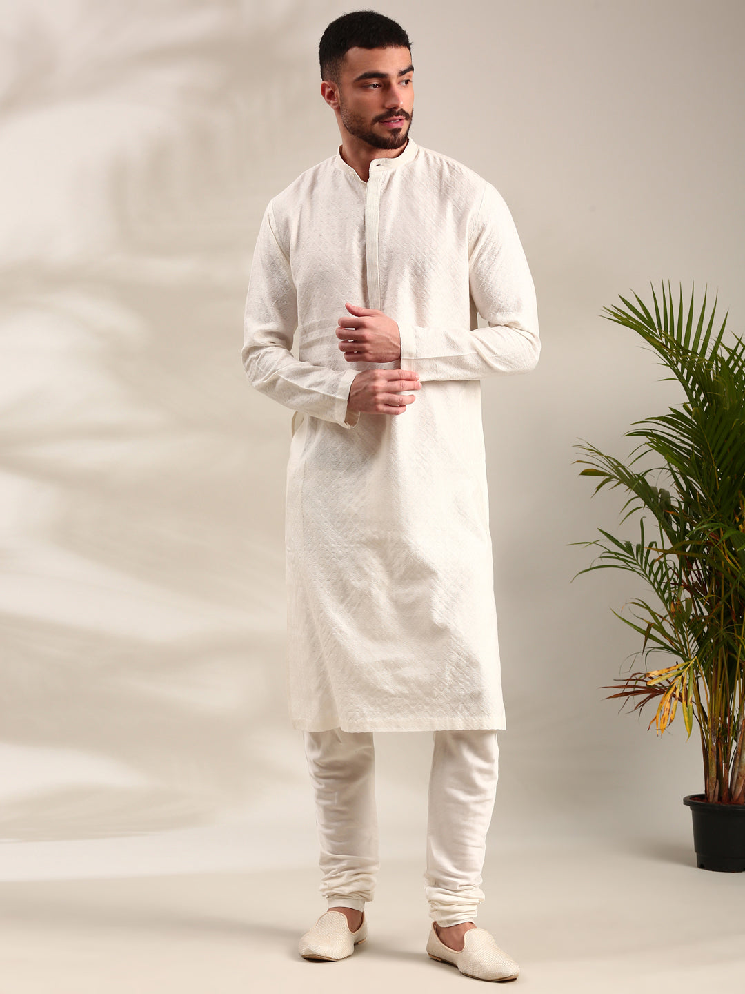 Ivory Silk Cotton Jaquard Kurta Set