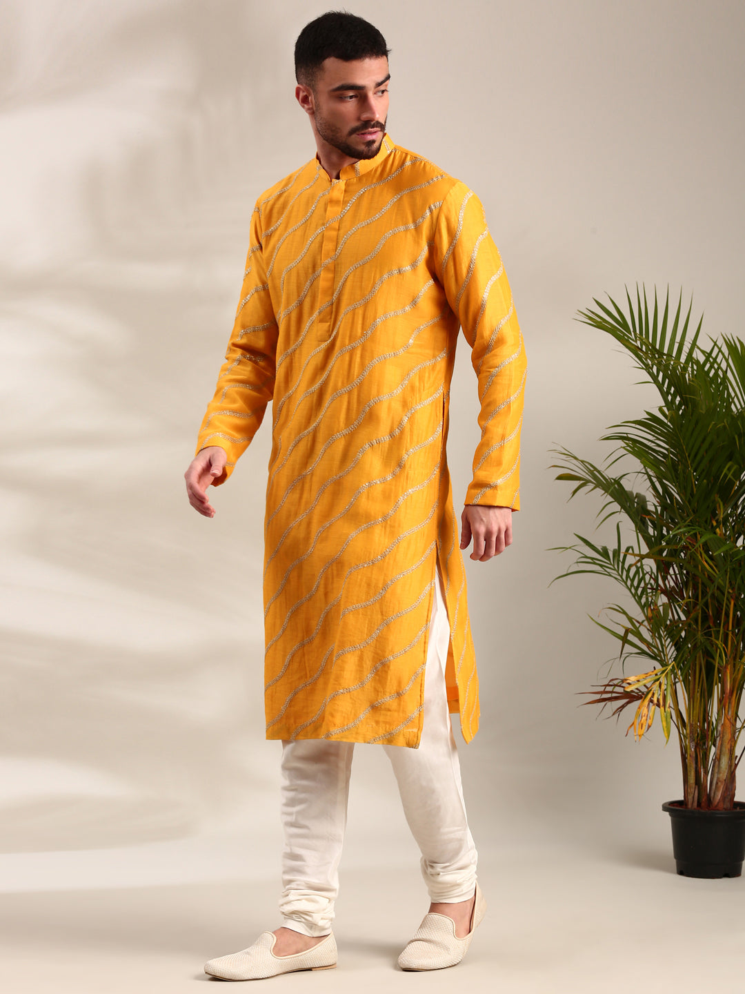 Yellow Embroidered Chanderi Kurta Set