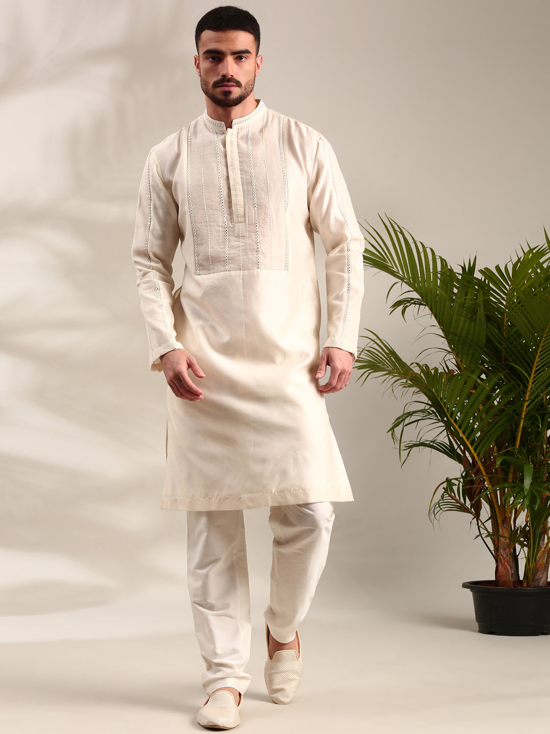 Ivory Embroidered Chanderi Kurta Set