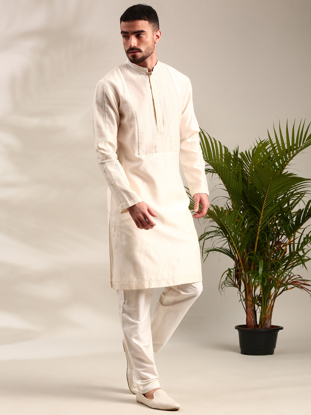 Ivory Embroidered Chanderi Kurta Set