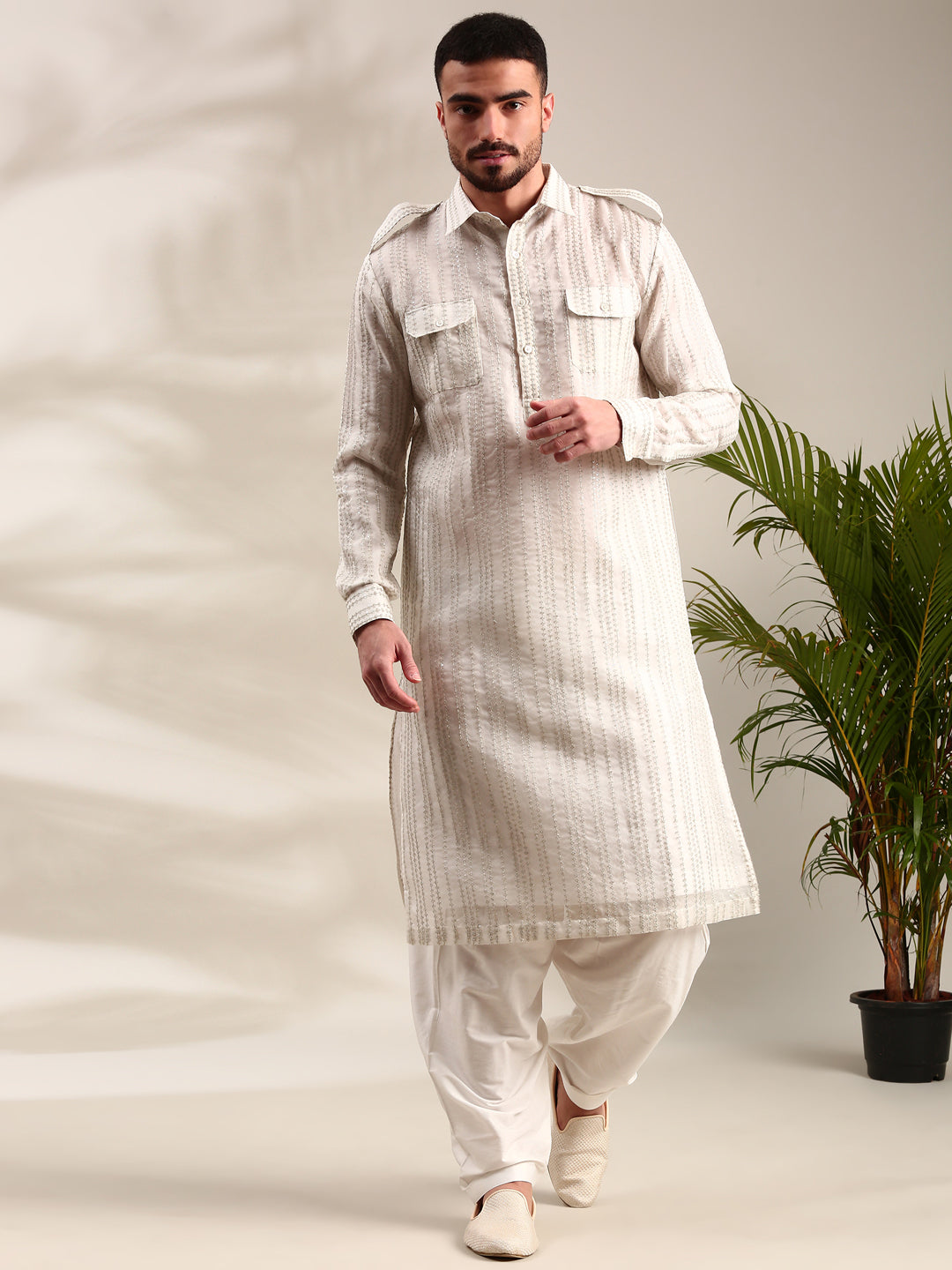 Ivory Embroidered Chanderi Pathani Set