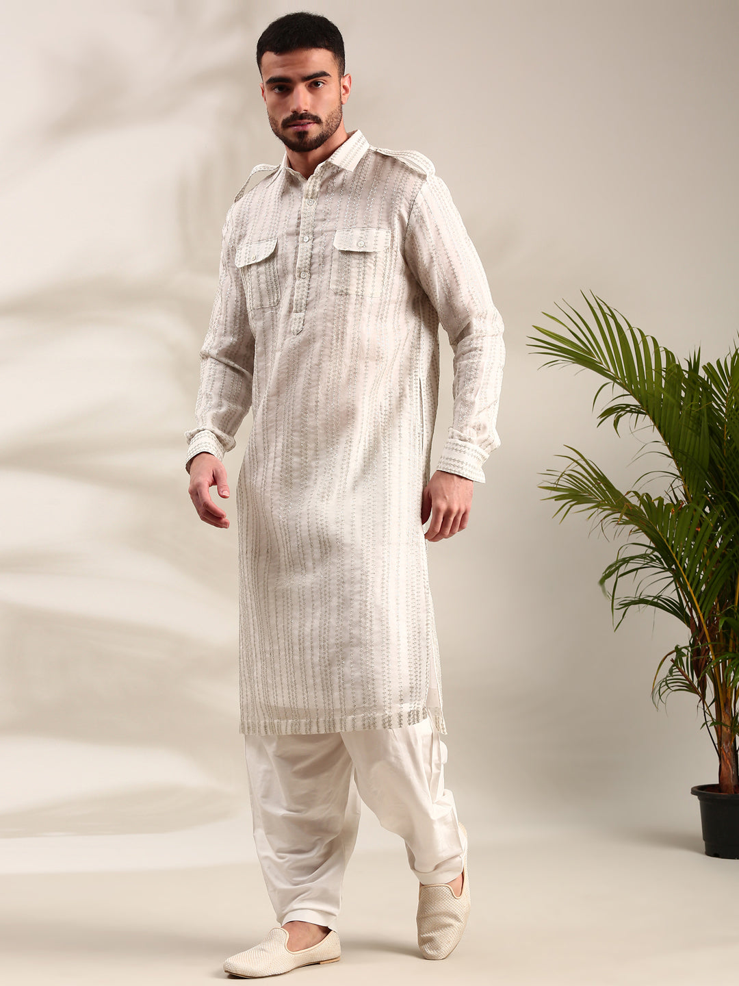 Ivory Embroidered Chanderi Pathani Set