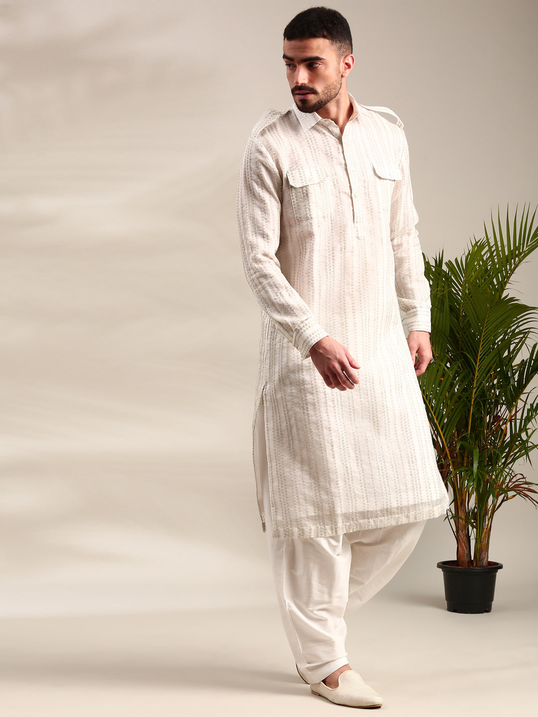 Ivory Embroidered Chanderi Pathani Set