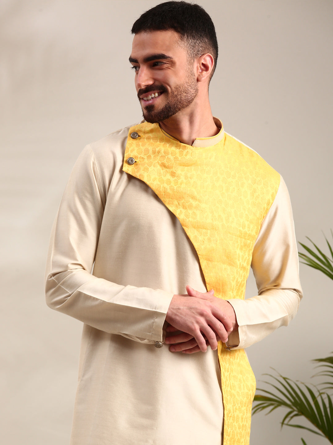 Beige & Yellow Linen Silk Kurta Set