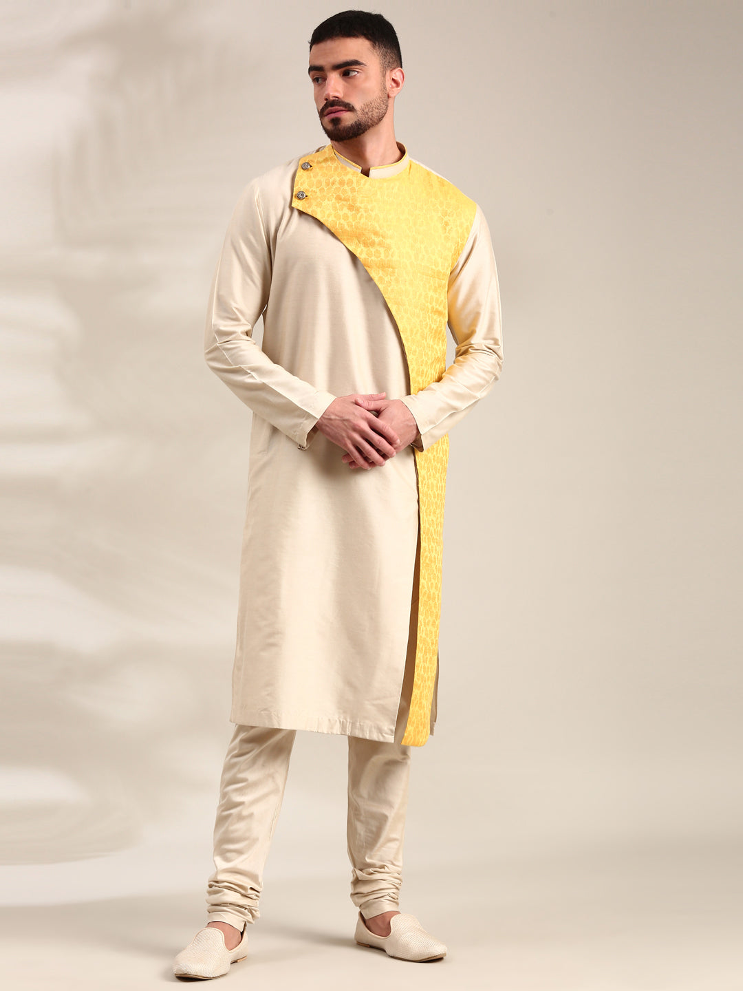 Beige & Yellow Linen Silk Kurta Set