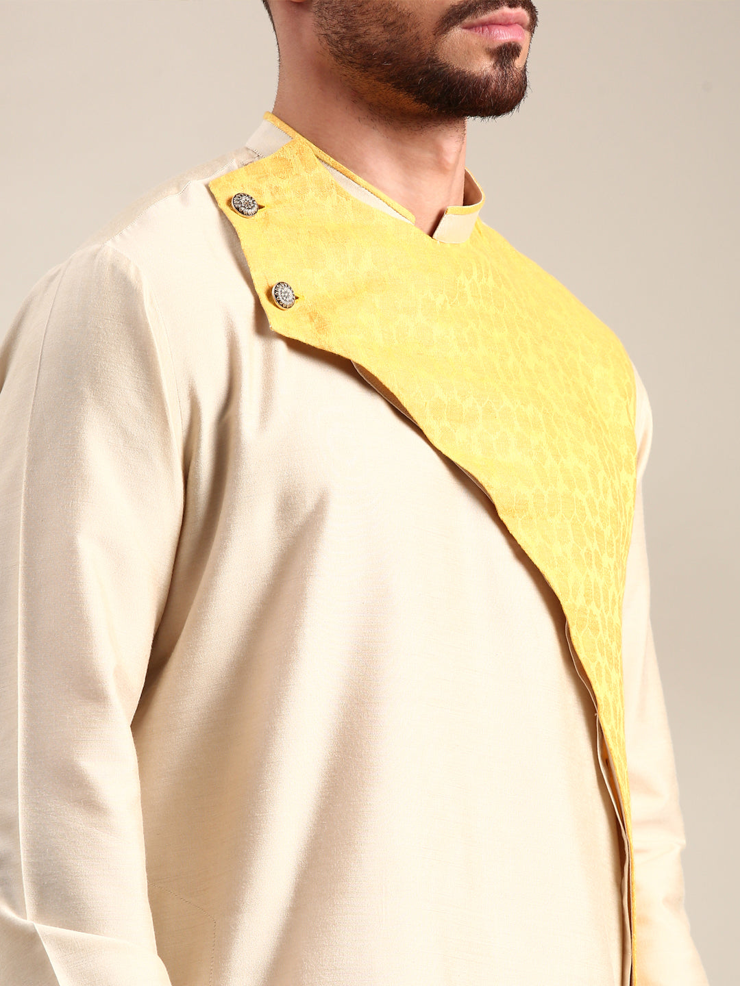 Beige & Yellow Linen Silk Kurta Set