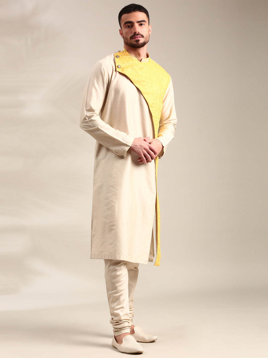 Beige & Yellow Linen Silk Kurta Set