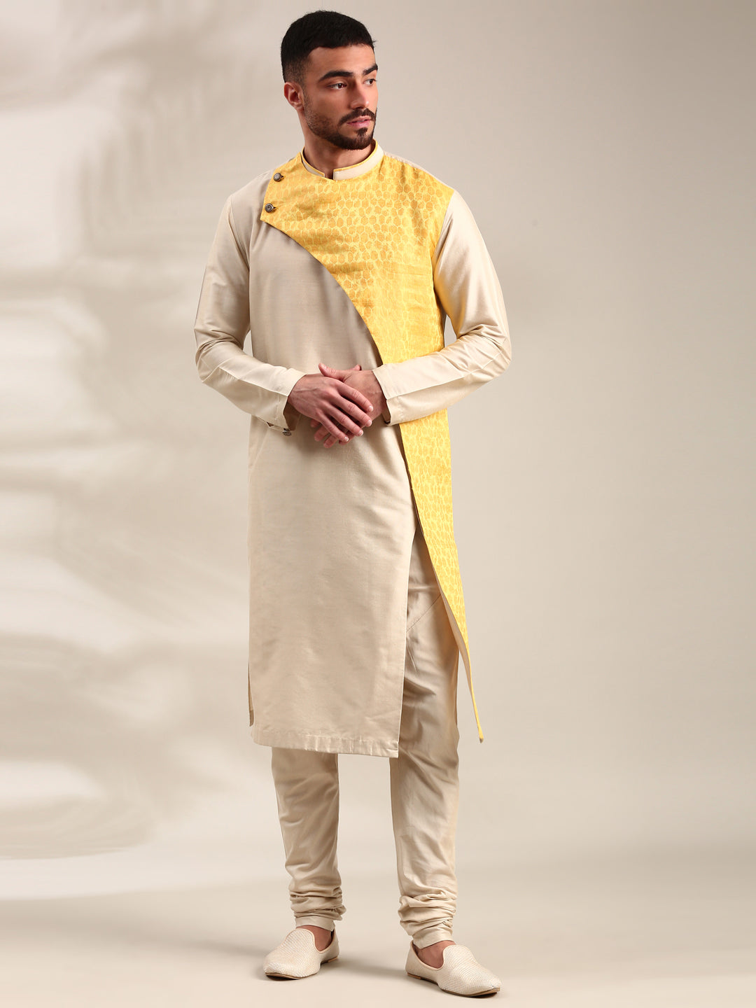 Beige & Yellow Linen Silk Kurta Set