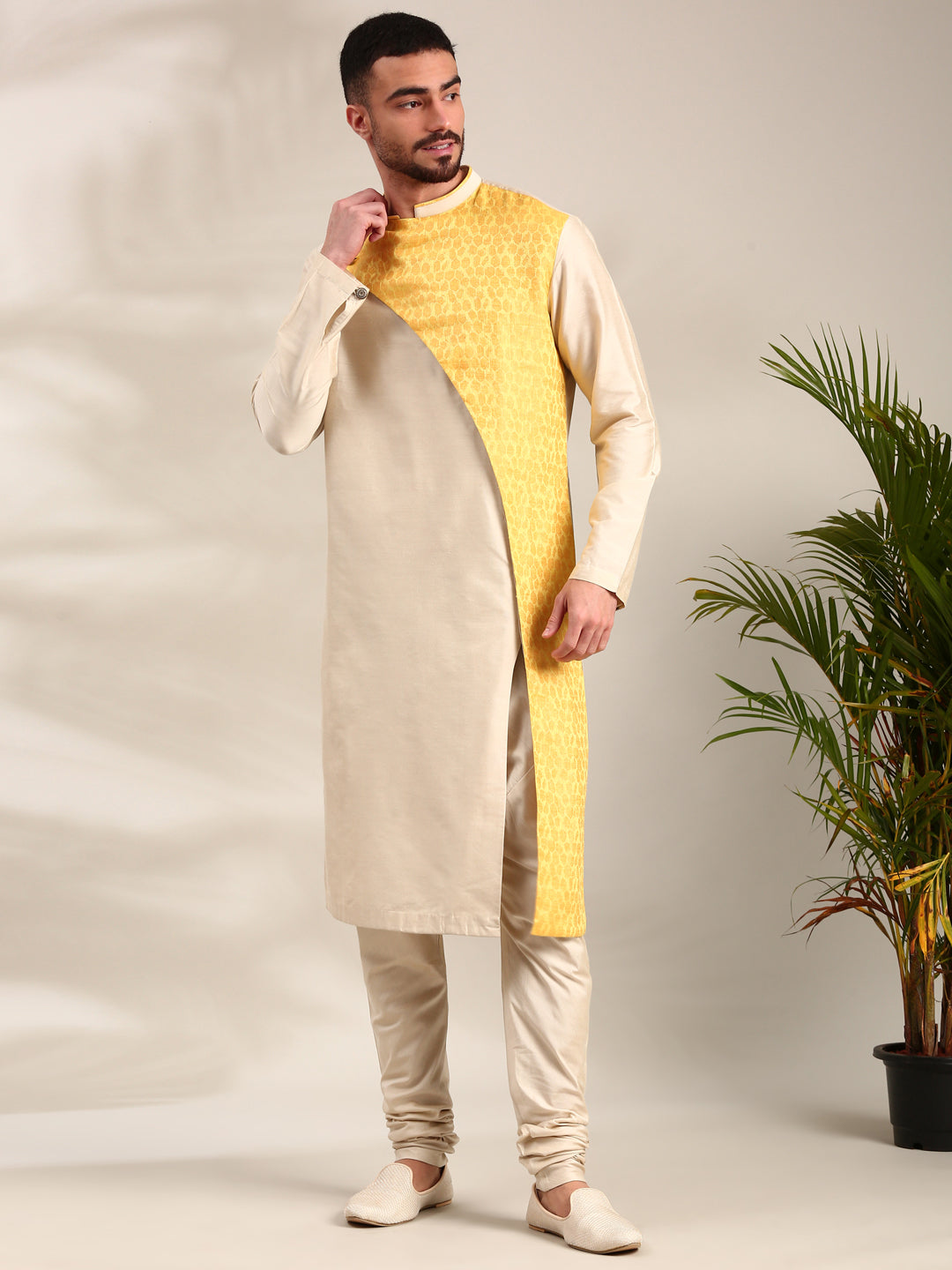 Beige & Yellow Linen Silk Kurta Set