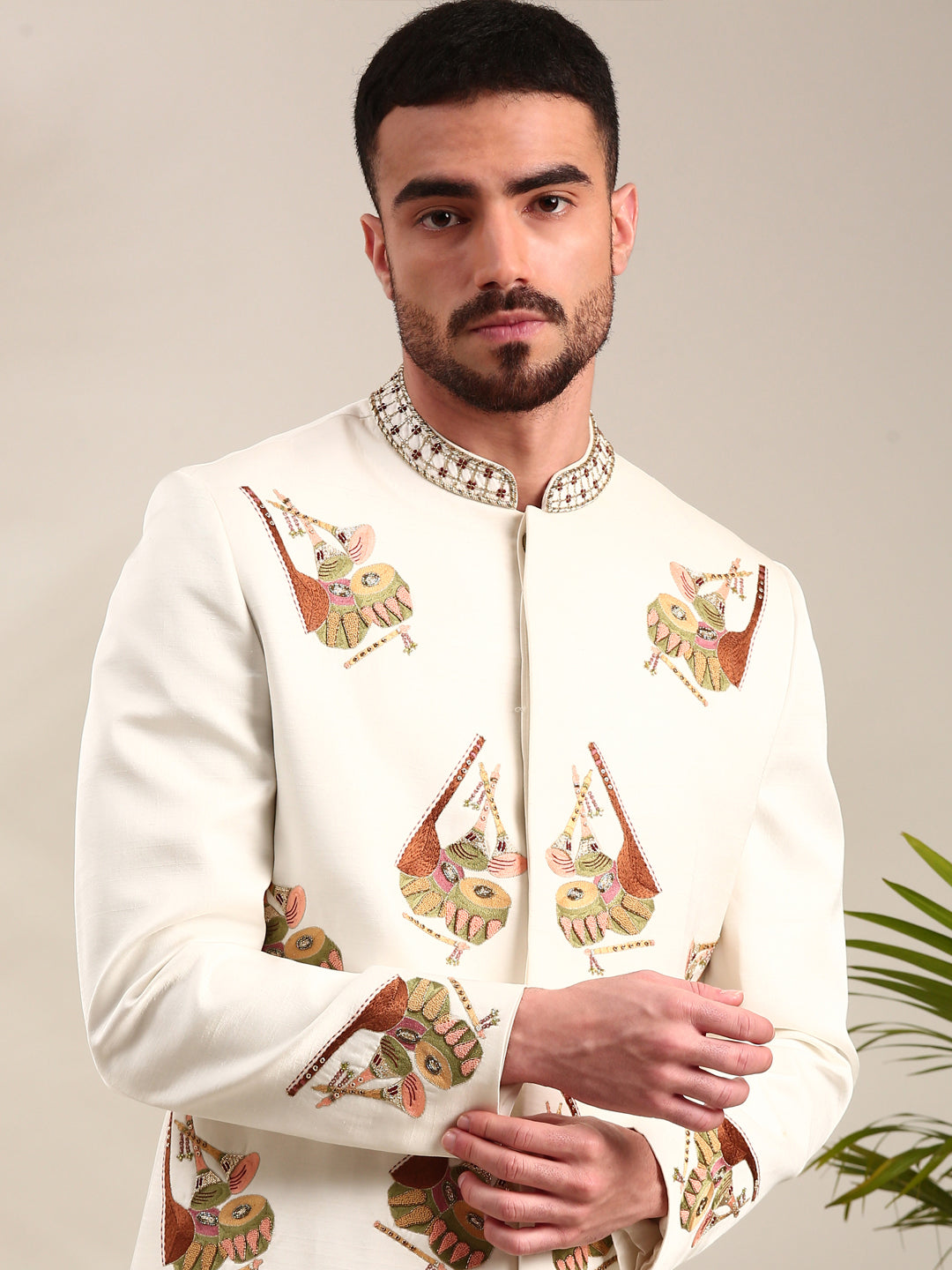 Ivory Slub Silk Embroidered Sherwani Set