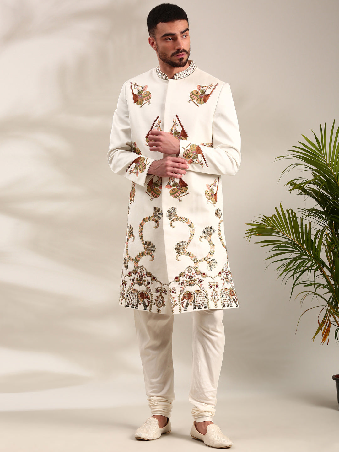 Ivory Slub Silk Embroidered Sherwani Set