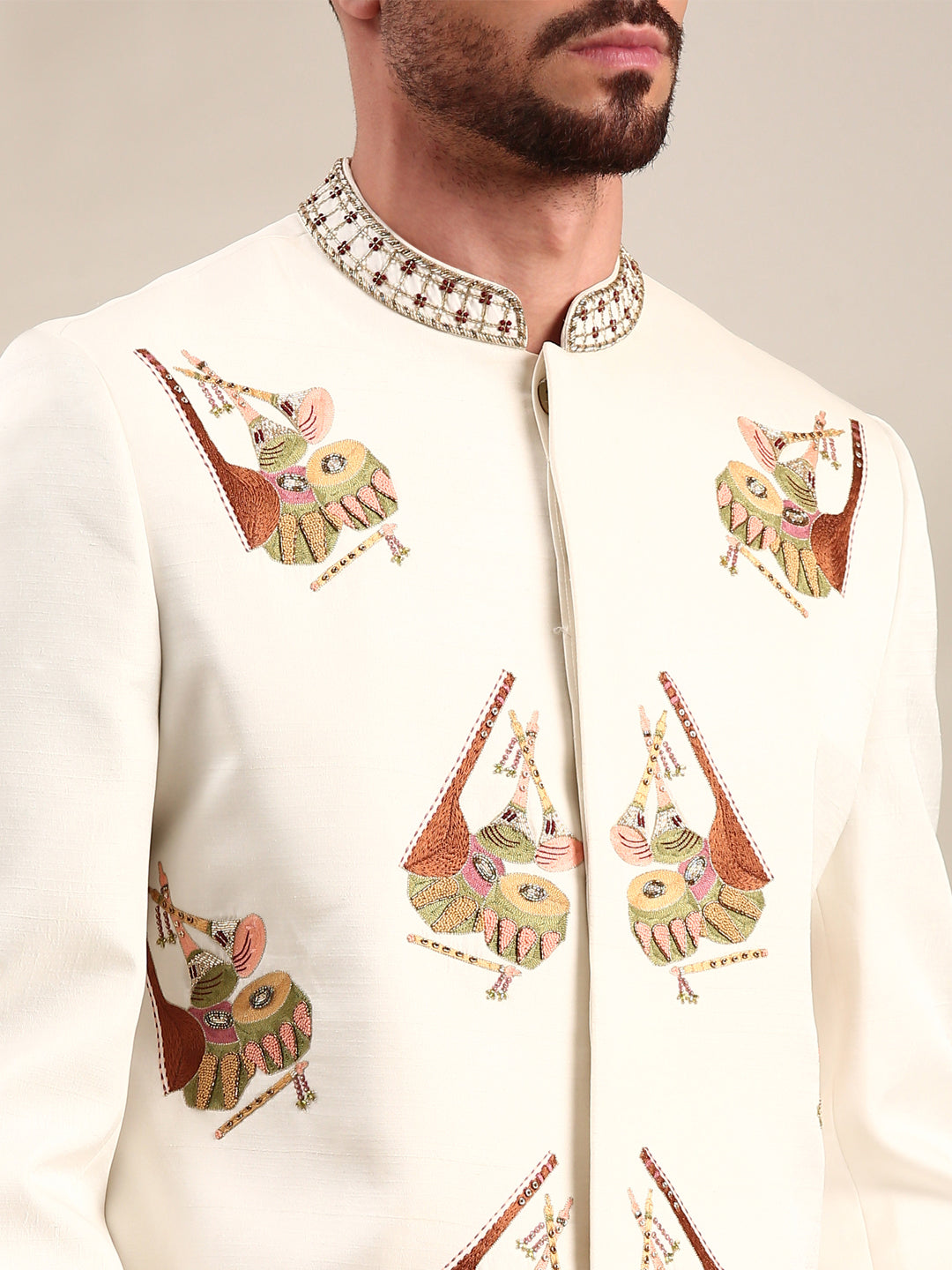 Ivory Slub Silk Embroidered Sherwani Set