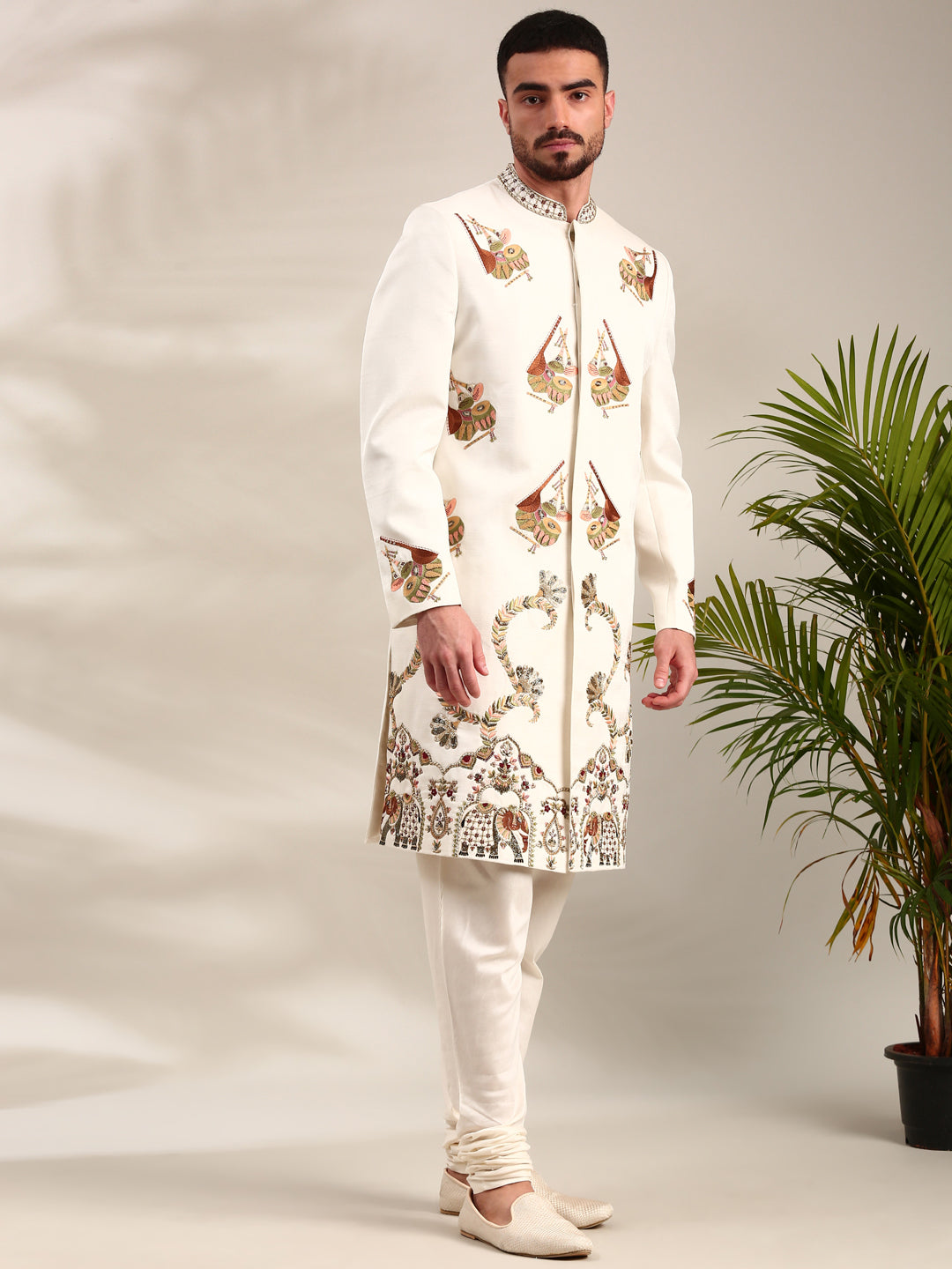 Ivory Slub Silk Embroidered Sherwani Set