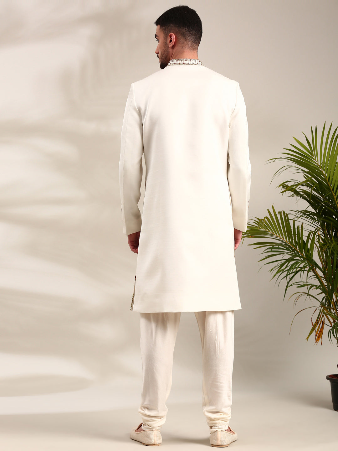 Ivory Slub Silk Embroidered Sherwani Set