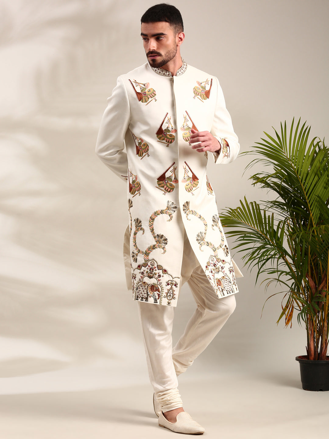 Ivory Slub Silk Embroidered Sherwani Set
