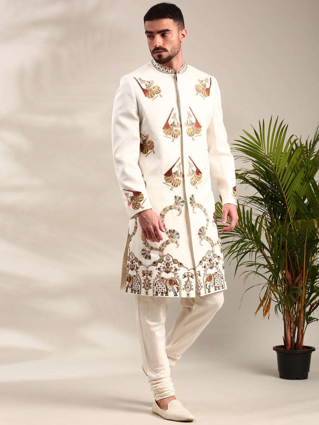 Ivory Slub Silk Embroidered Sherwani Set
