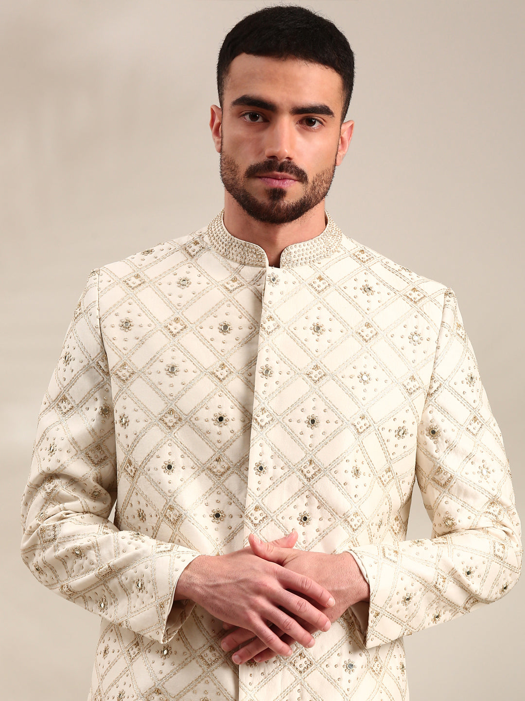 Ivory Chanderi  Embroidered Sherwani Set