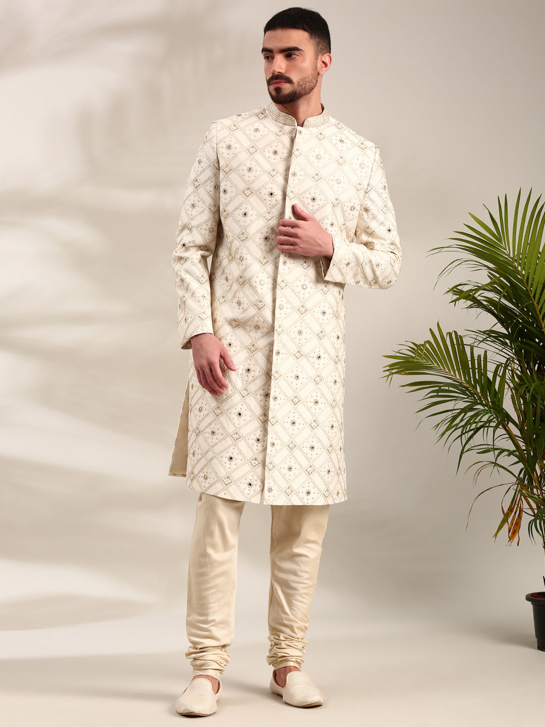 Ivory Chanderi  Embroidered Sherwani Set