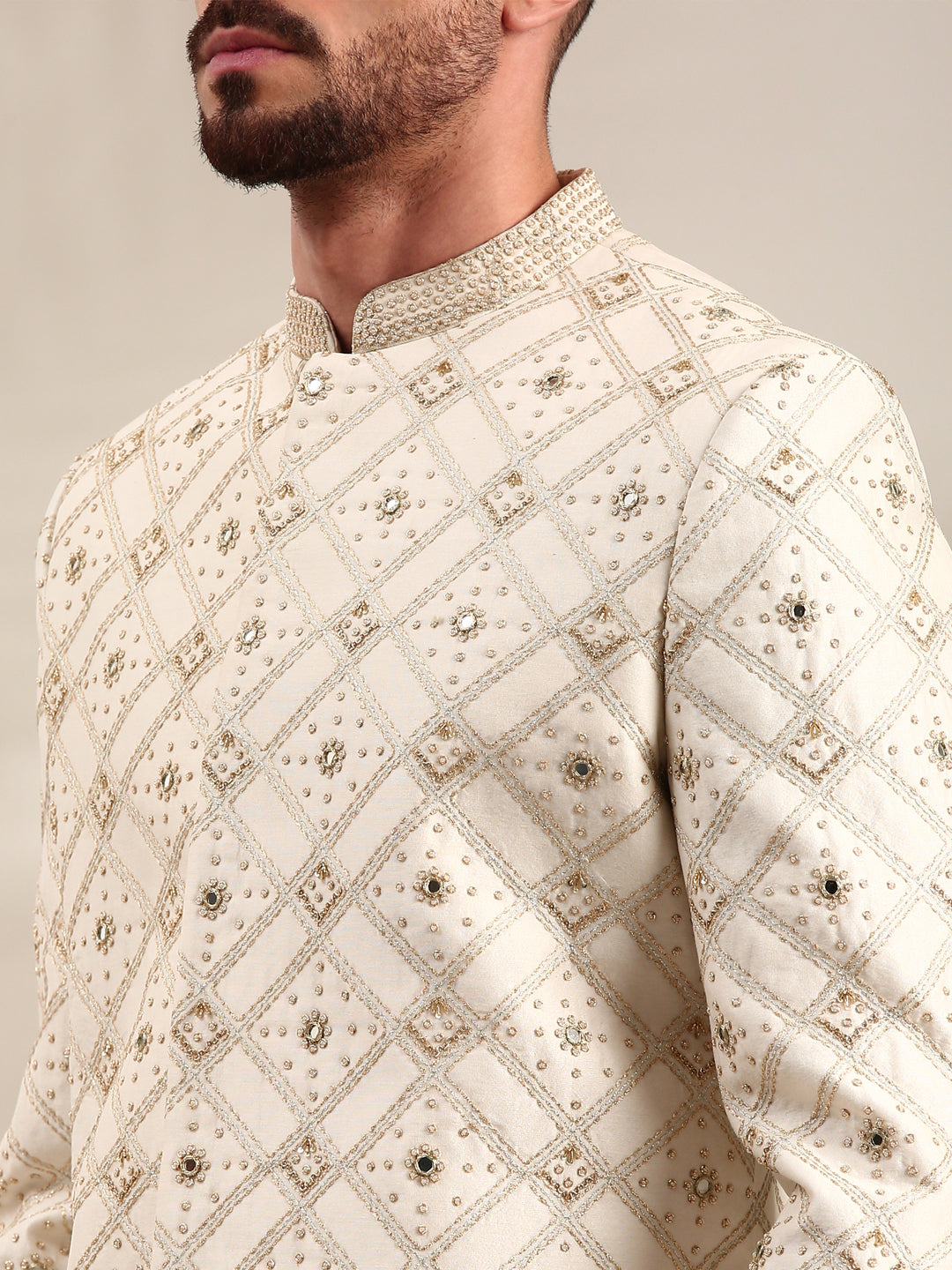 Ivory Chanderi  Embroidered Sherwani Set