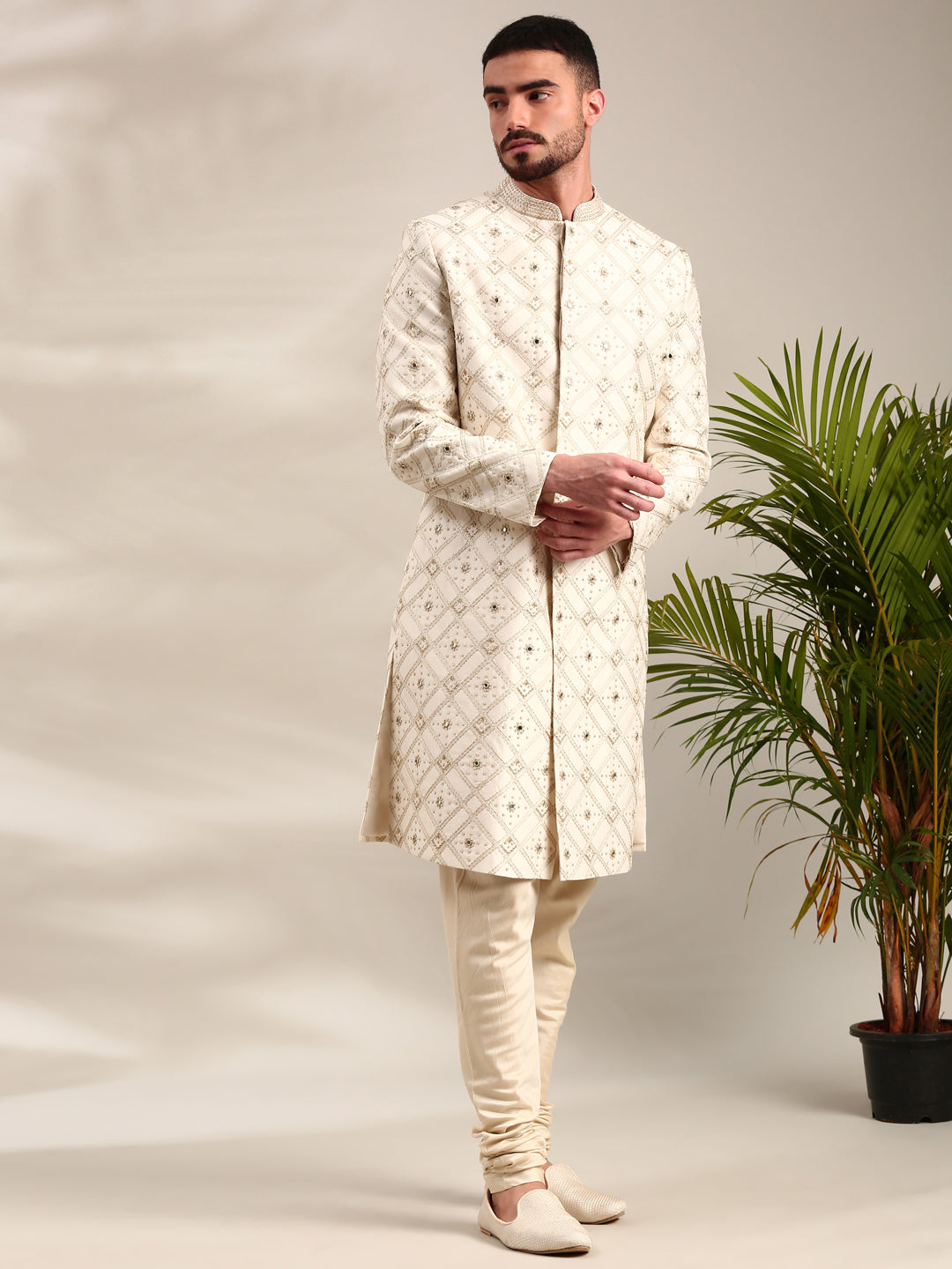 Ivory Chanderi  Embroidered Sherwani Set