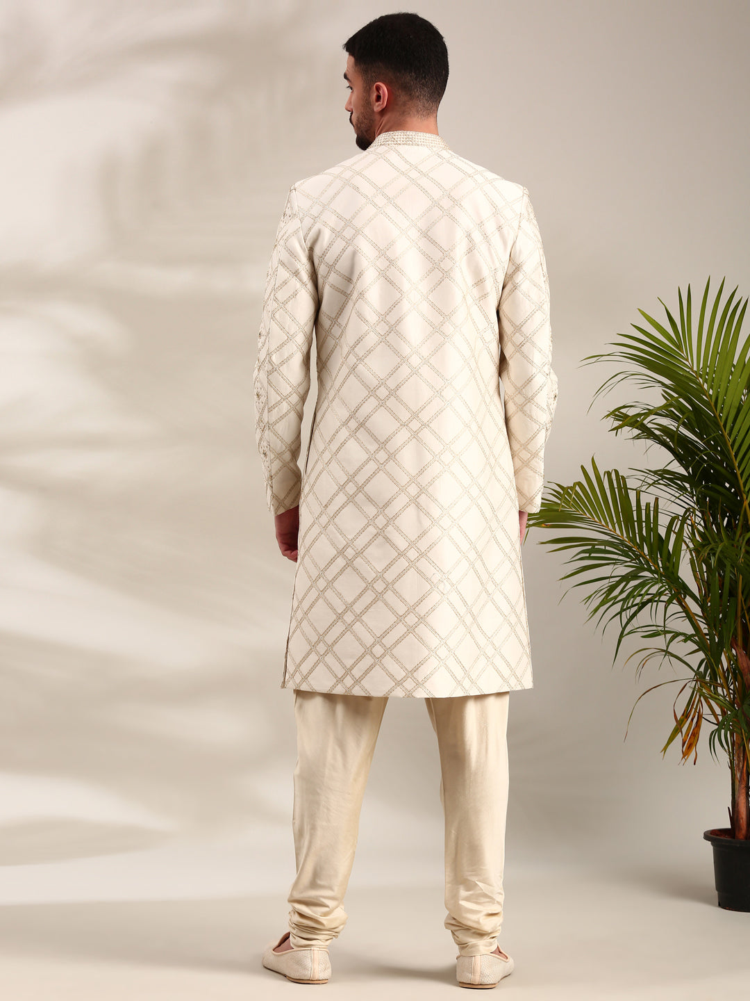 Ivory Chanderi  Embroidered Sherwani Set