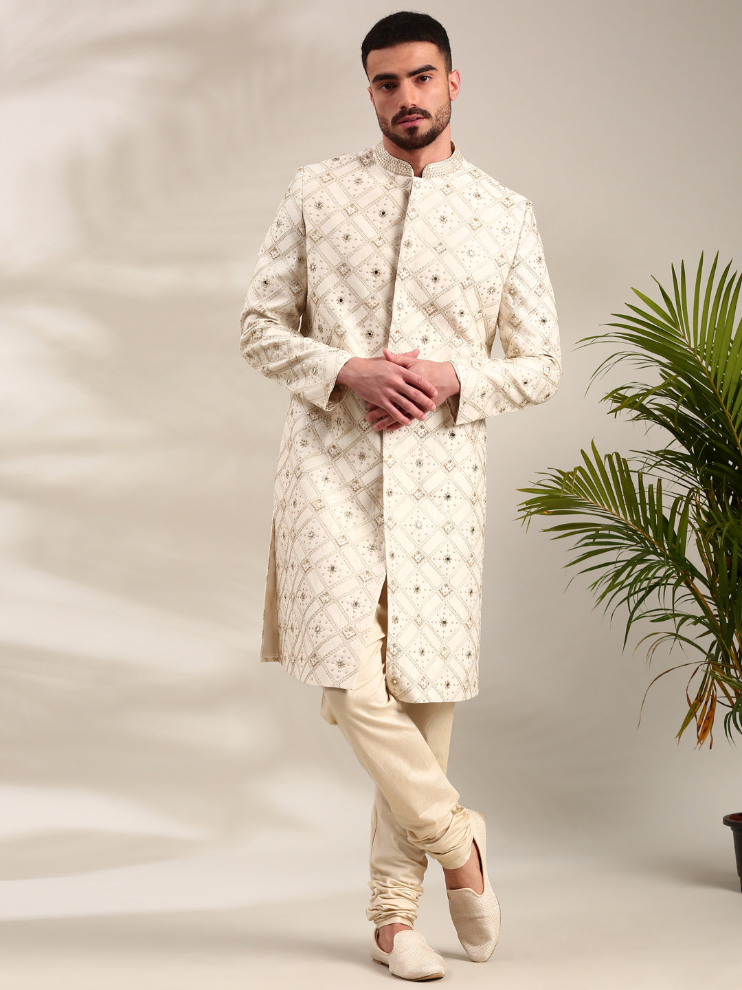 Ivory Chanderi  Embroidered Sherwani Set