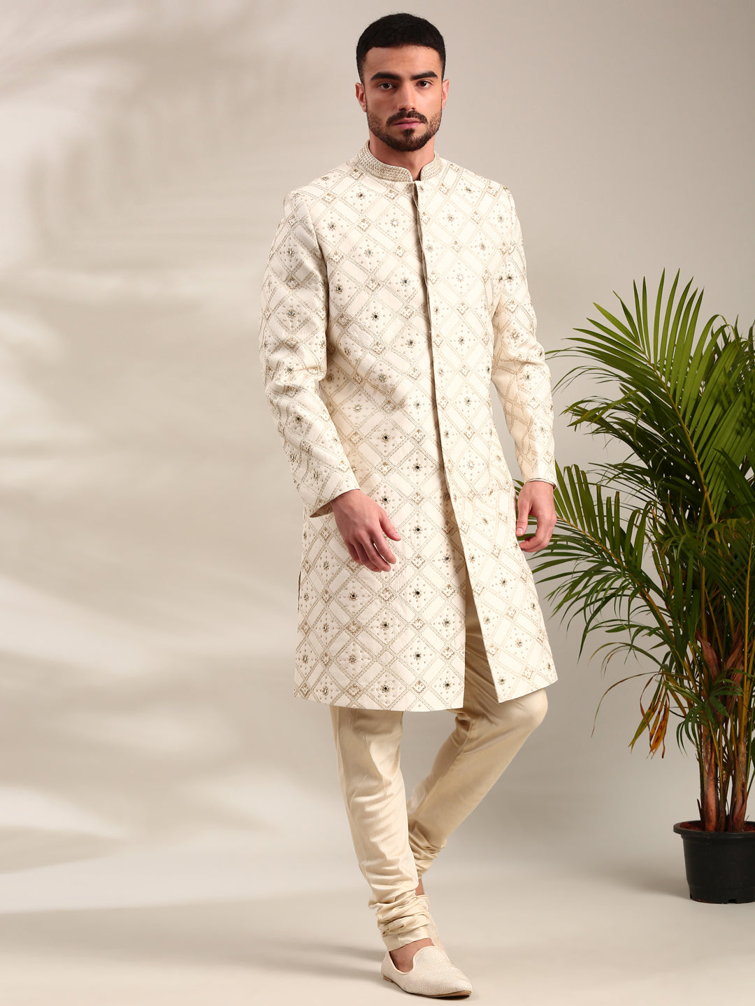 Ivory Chanderi  Embroidered Sherwani Set