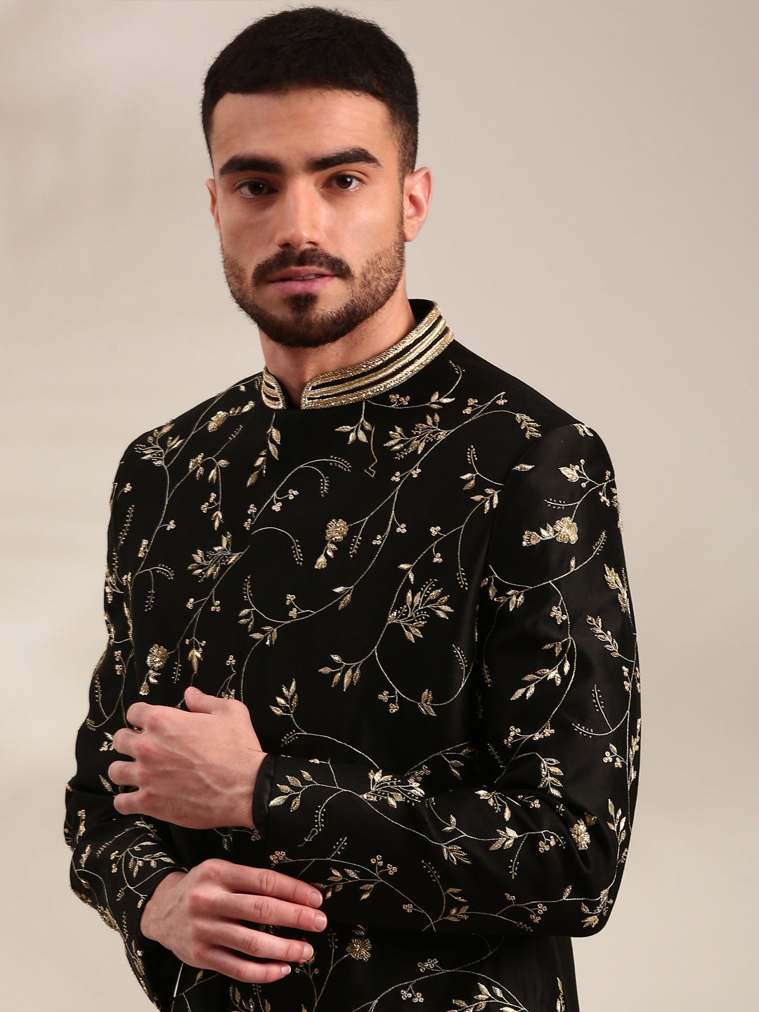 Black Chanderi  Embroidered Sherwani Set