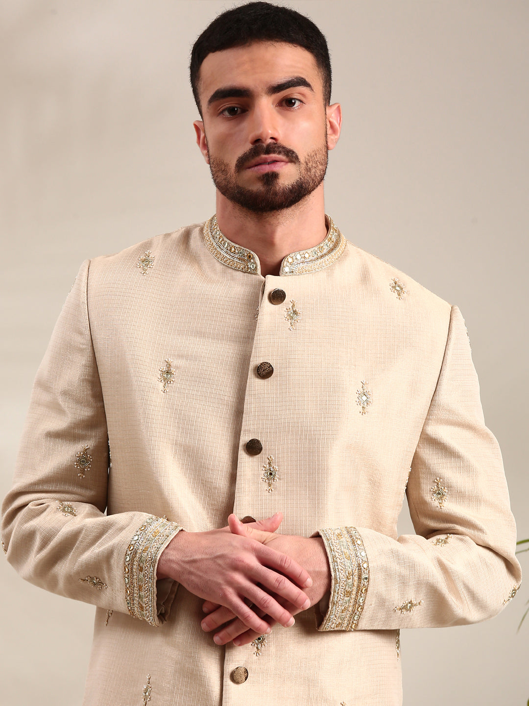 Gold Chanderi Sherwani Set