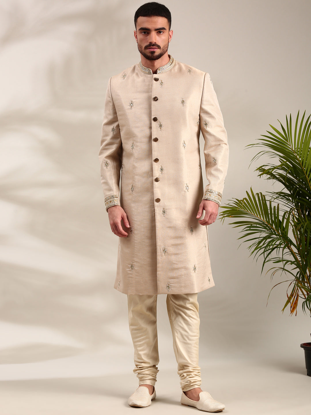 Gold Chanderi Sherwani Set