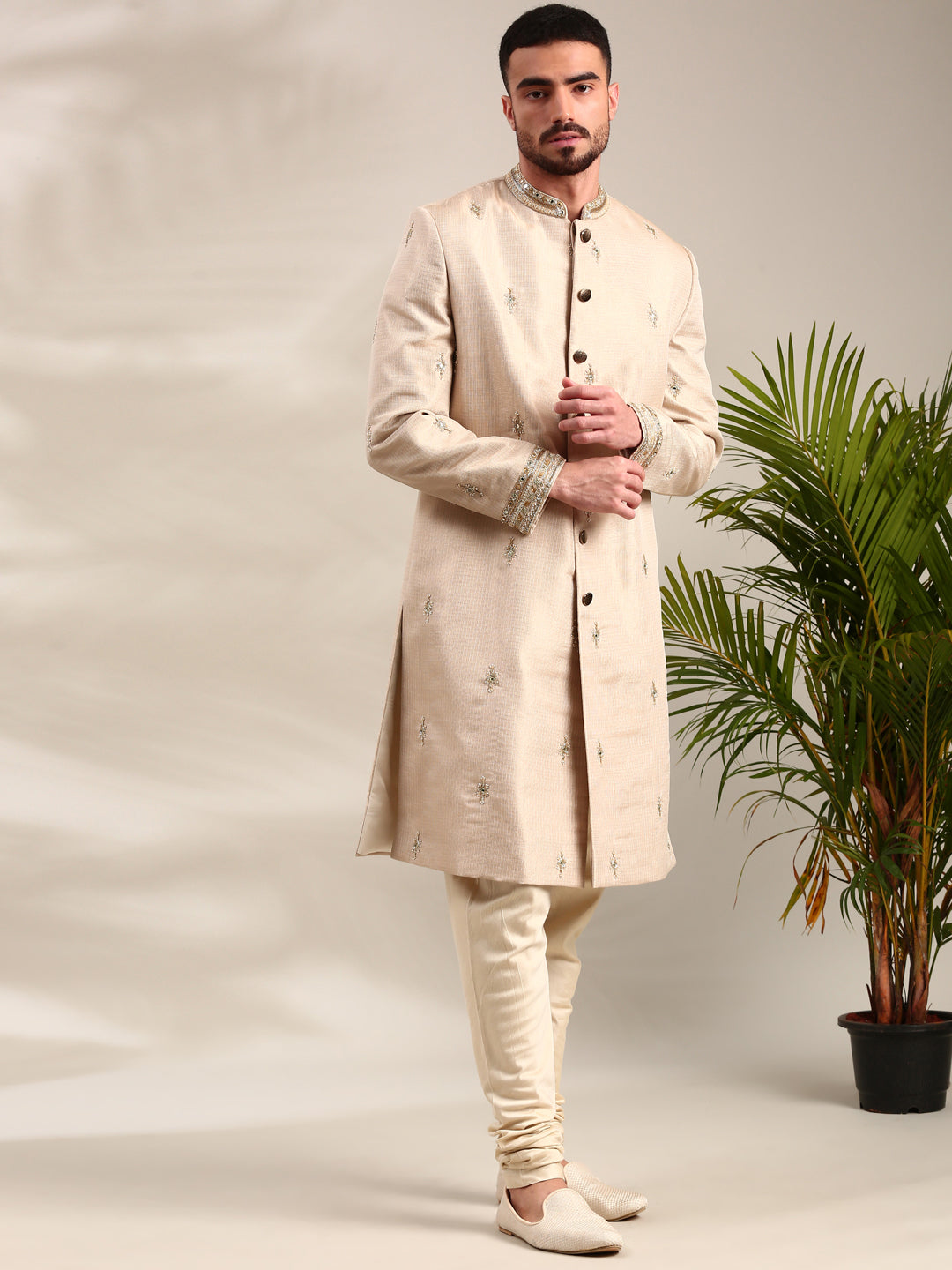 Gold Chanderi Sherwani Set