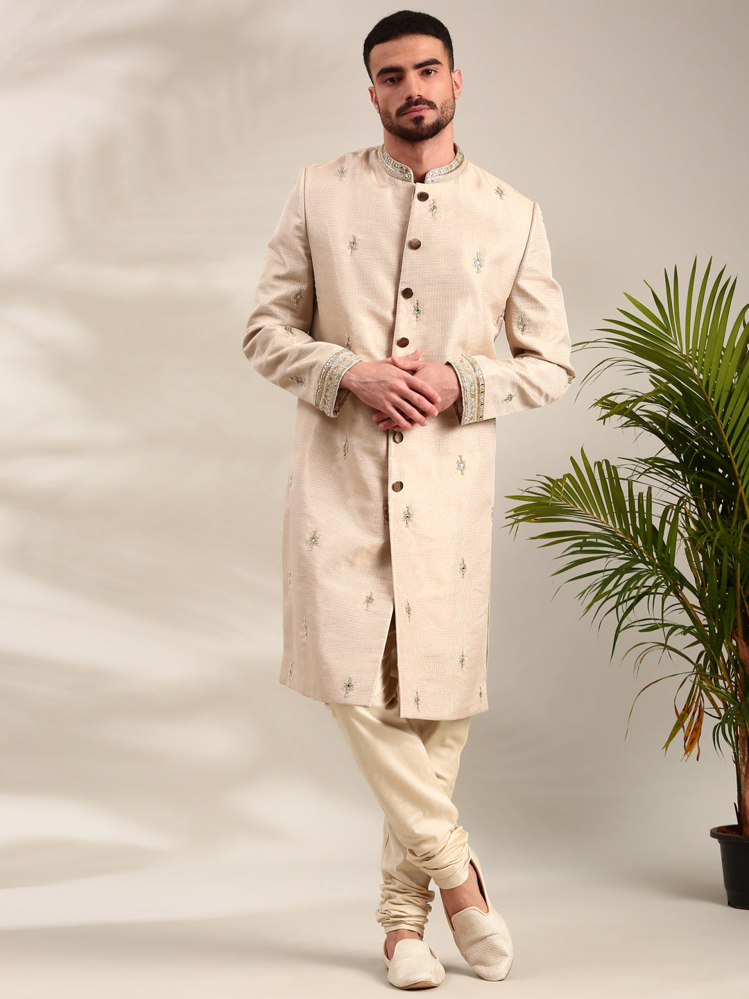 Gold Chanderi Sherwani Set