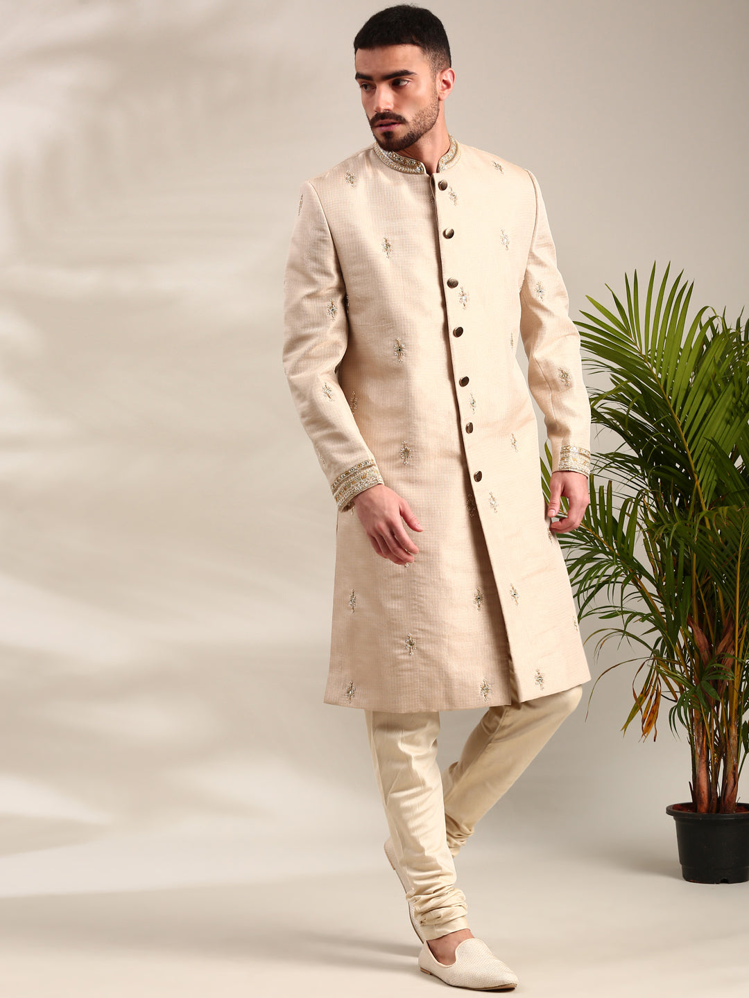 Gold Chanderi Sherwani Set
