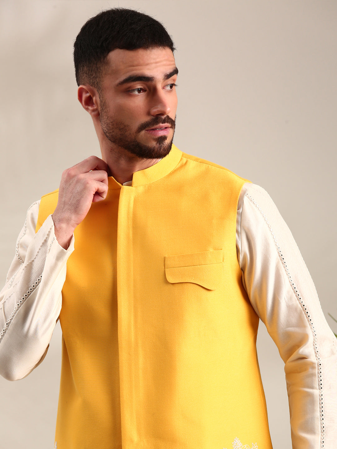 Yellow Embroidered Cotton Silk  Nehru Jacket