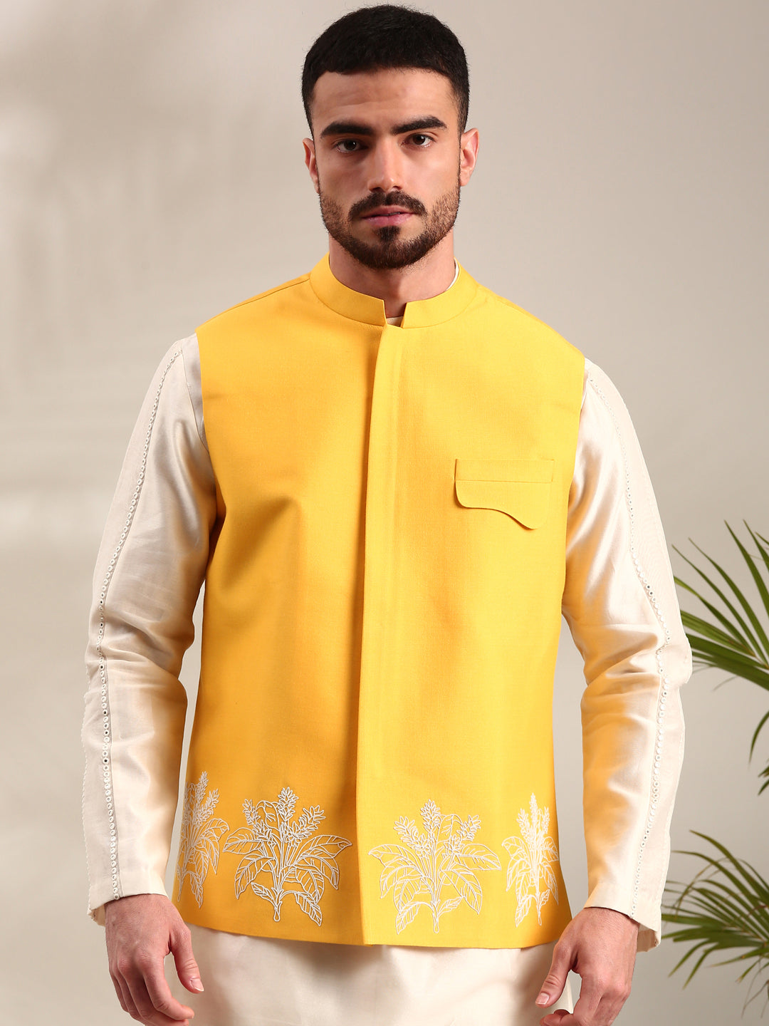 Yellow Embroidered Cotton Silk  Nehru Jacket