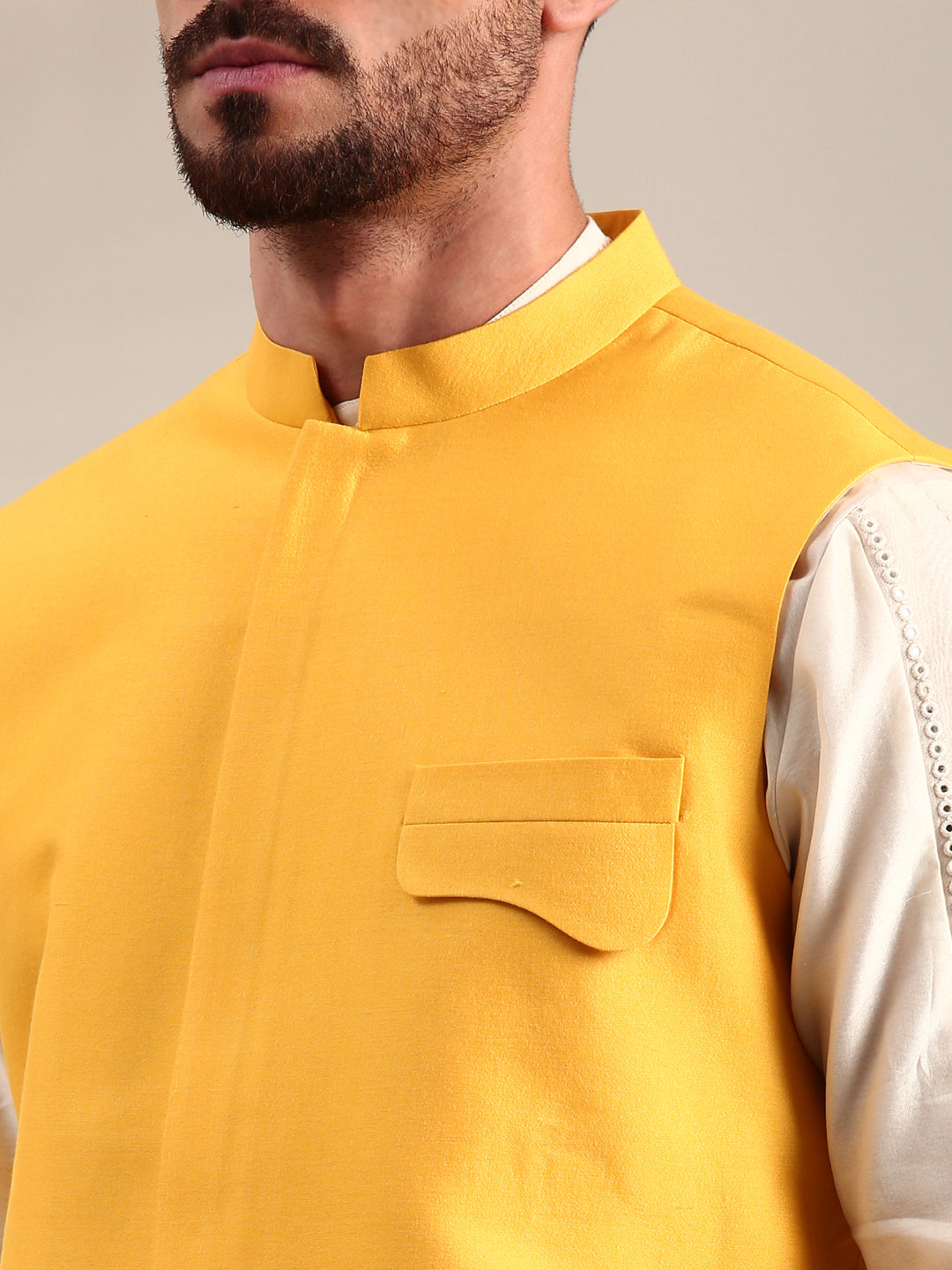 Yellow Embroidered Cotton Silk  Nehru Jacket