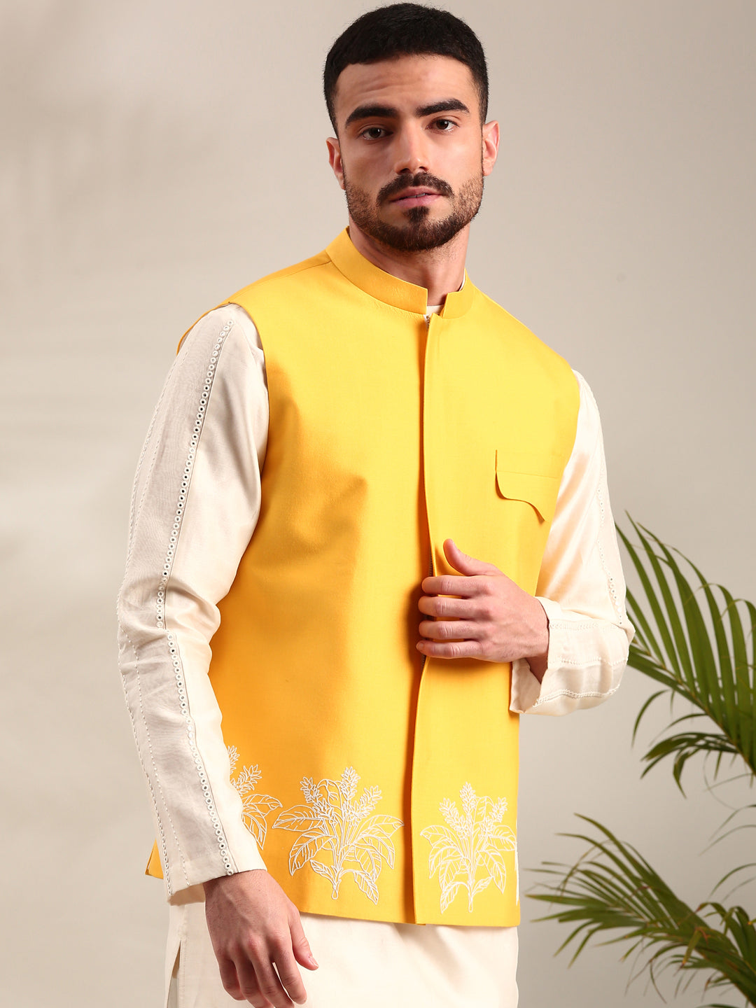 Yellow Embroidered Cotton Silk  Nehru Jacket