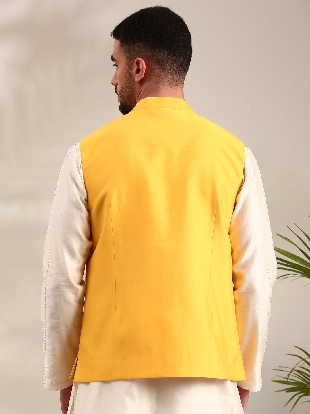 Yellow Embroidered Cotton Silk  Nehru Jacket