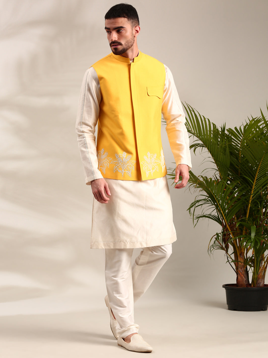 Yellow Embroidered Cotton Silk  Nehru Jacket