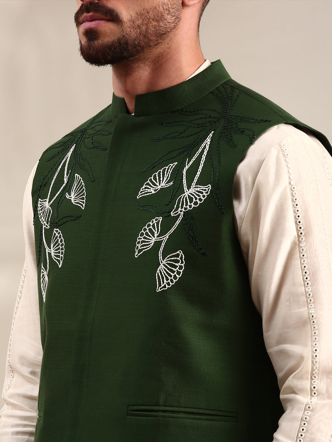 Bottle Green Cotton Silk Nehru Jacket