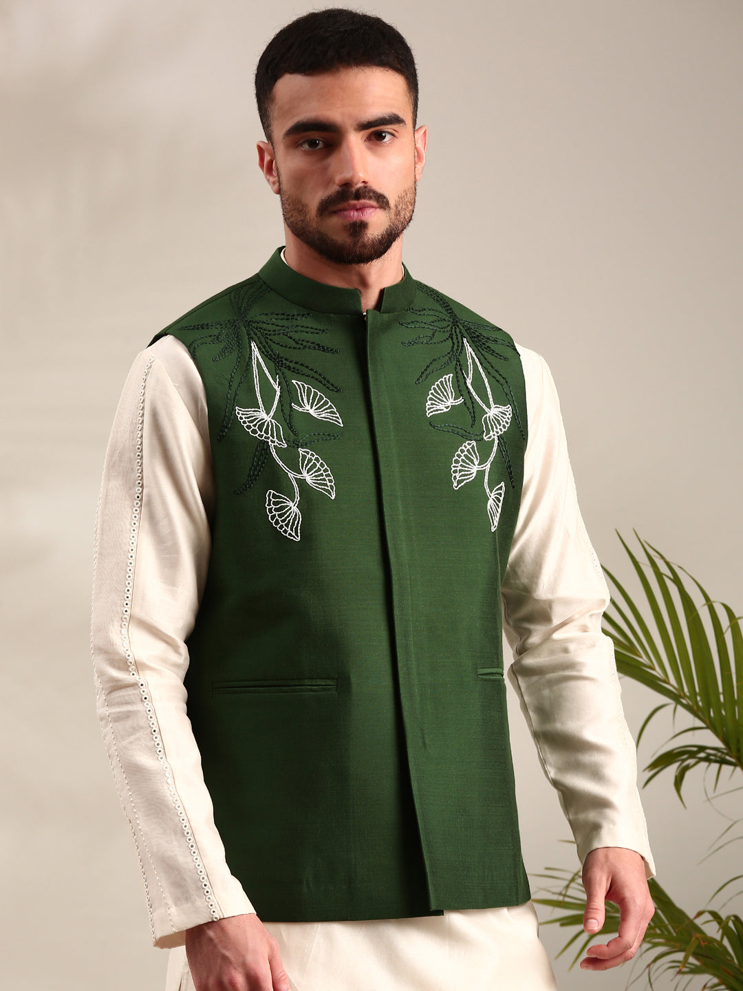 Bottle Green Cotton Silk Nehru Jacket